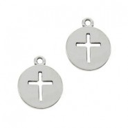 Metal charm 15mm round Cross Antique silver
